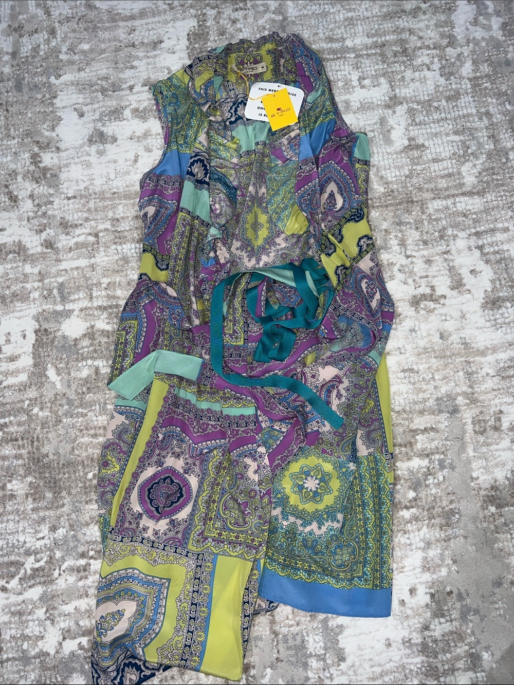 Etro Sleeveless Paisley Patchwork Dress in Teal, Lime & Purple